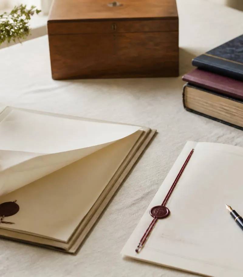 Dossier de succession familiale et acte notarié scellé posés sur une table claire