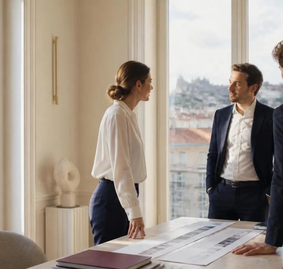 Dirigeant et conseillers M&A en réunion à Lyon autour du calendrier de vente d'une entreprise