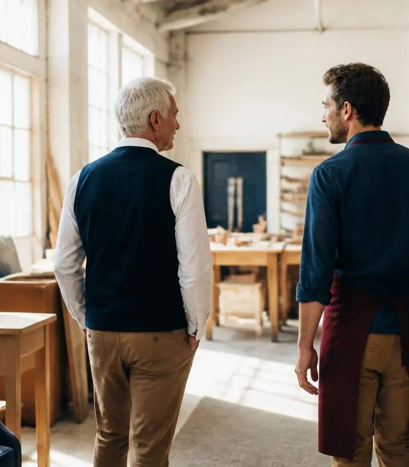 Dirigeant et successeur familial dans l'atelier de leur PME lors de la transmission