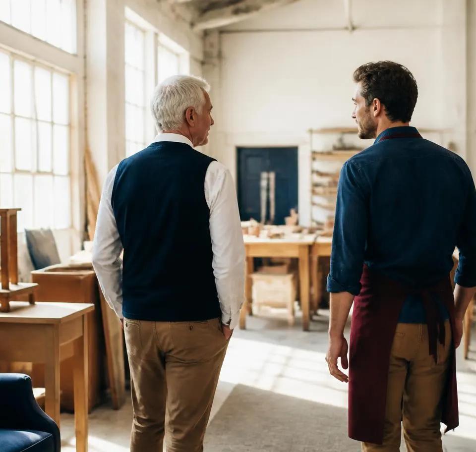 Dirigeant et successeur familial dans l'atelier de leur PME lors de la transmission