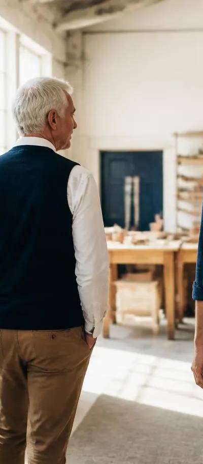 Dirigeant et successeur familial dans l'atelier de leur PME lors de la transmission