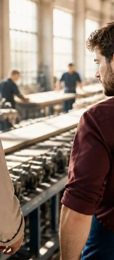 Dirigeant et successeur dans l'atelier d'une PME industrielle engagée dans un Pacte Dutreil