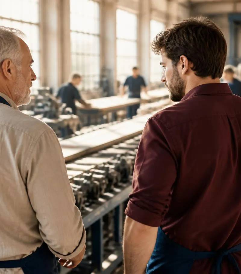 Dirigeant et successeur dans l'atelier d'une PME industrielle engagée dans un Pacte Dutreil