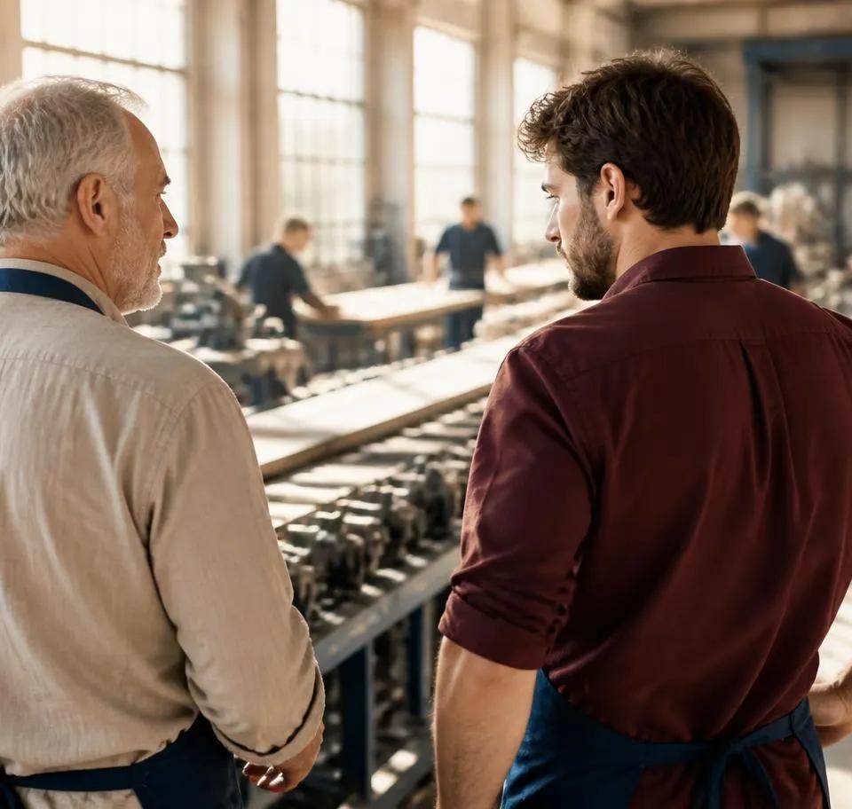 Dirigeant et successeur dans l'atelier d'une PME industrielle engagée dans un Pacte Dutreil